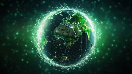Fototapete - Virtual planet Earth with particles and lines. Network connection big data. Abstract technology green background. 3D rendering.