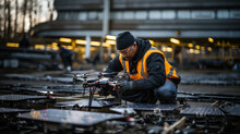 Technician Repairing Drone With Digital Camera On The Roof Of A Modern Building With Solar Panels.
