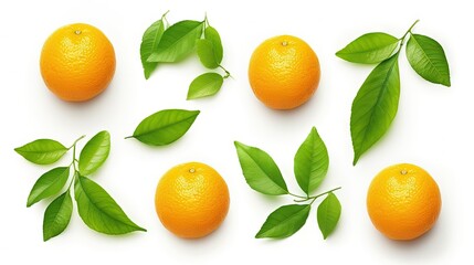 Wall Mural - Flat lay (top view) of Fresh orange fruit with sliced and green leaves isolated on white background.