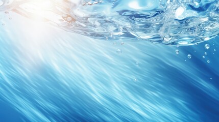 Leinwandbilder - Transparent blue clear water surface texture with ripples, splashes and bubbles. Abstract summer banner background Water waves in sunlight with copy space Cosmetic moisturizer micellar toner emulsion