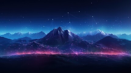 Mountain landscape with digital line network. Internet connecting world together. Cyber punk color and futuristic concept. Banner size background with copy space.