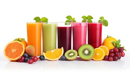 Poster - Assortment of fresh fruits and vegetables juices in rainbow colors isolated on white background
