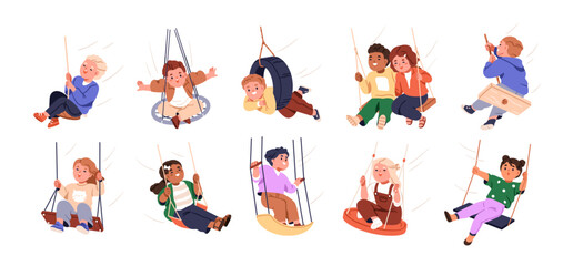 happy kids swinging set. little child, boys and girls having fun, joy outdoors. cute children laughi