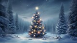 Fototapeta Natura - Decorated Christmas tree in deep forest, adorned with lights and colorful ornaments. Serene winter forest blanketed with fresh, untouched snow. Peaceful and magical essence of the holiday season.