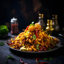 Photo Of A Plate Of Spicy And Crispy Bhel Puri, Captured With A Prime Lens For Clarity Generative AI