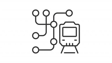 Poster - 2D black simple thin line animation of metro train map, HD video with transparent background, seamless loop 4K video representing railway industry.