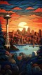 Seattle Skyline at Sunrise Sunset Paper Cut Phone Wallpaper Background Illustration