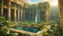 Ancient Hanging Gardens Of Babylon. Plants And Waterfalls In Ancient Temple