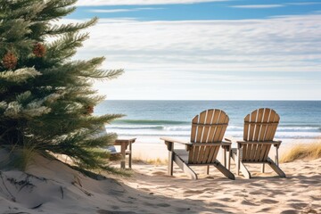 Wall Mural - Christmas tree decorated and wooden loungers on sandy beach. Summer Xmas vacations on Australia