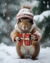 Squirrel With Christmas Present In Snow Forest