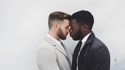 gay couple kissing, wearing suits