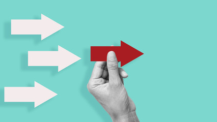 Poster - Symbol of following the leader straight to the goal. White arrows follow one red arrow