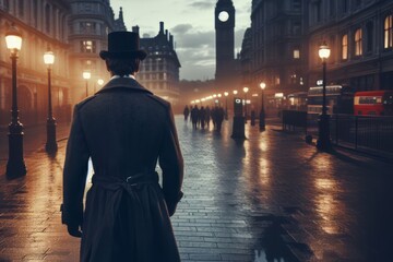 Sticker - a Victorian era private detective walking through the streets of London on a moody evening