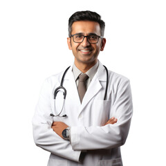 Wall Mural - Doctor portrait isolated on white transparent background, Indian physician with medical stethoscope, PNG
