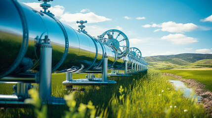 Renewable energy production hydrogen pipeline with wind turbines and in the background