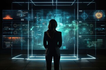 Canvas Print - Rear view of businesswoman looking at hologram screen on dark background, Businesswoman standing in front of a digital big screen hologram showing business data, rear view, AI Generated