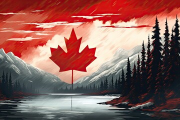 canadian maple leaf on a lake in the mountains. vector illustration, canada flag and beautiful canad