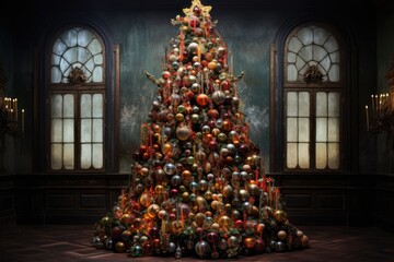 Poster - 3d rendering of christmas tree with colorful balls in dark room, Christmas Tree with Decorations, AI Generated