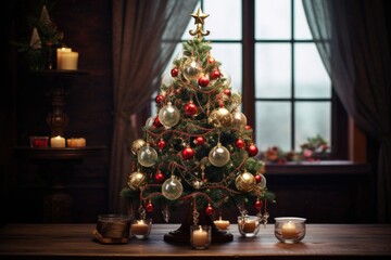 Poster - Christmas tree with candles and decorations on the background of the living room, Christmas Tree with Decorations, AI Generated