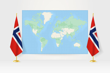 Wall Mural - World Map between two hanging flags of Norway flag stand.