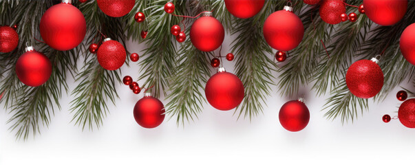 beautiful bright christmas decoration with red christmas tree balls, amazing snow forrest background