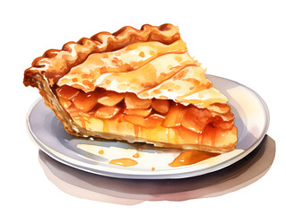 watercolor illustration of a slice apple pie on a plate, isolated on white background