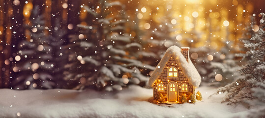 Wall Mural - A small fairy tale cottage in a winter snow covered forest, Christmas background with Miniature paper house