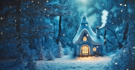 Wall Mural - A small fairy tale cottage in a winter snow covered forest illustration, Christmas background with woodland house made by gnomes and trolls