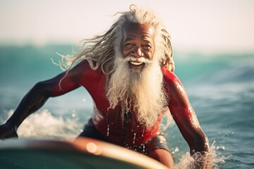 Wall Mural - A picture of a man with a long white beard riding a surfboard. This image can be used to depict a unique and adventurous surfer or as a symbol of breaking stereotypes and embracing individuality.