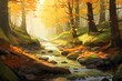 Stream running through an autumn forest, dappled light through the trees, disney style, nostalgic feel, illustration