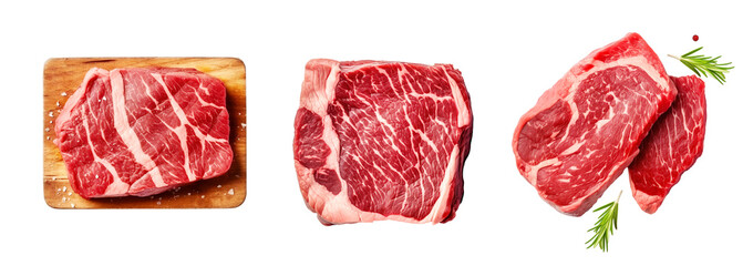 set pieces of fresh raw beef  cut out isolated on transparent background