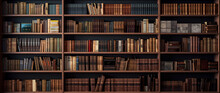 Books On Shelves In Library Or Study With Classic Dark Wood