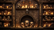 Skulls On An Alcove's Shelves