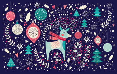 Wall Mural - Vector Christmas illustration with beautiful Christmas deer, toys and snowflakes. Decorative Christmas and New Year banner. Greeting Christmas card 