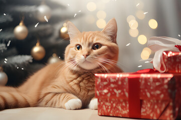 Wall Mural - CAT laying next to a christmas tree with gifts  ai generative