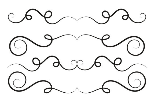 Vintage Filigree Swirls, calligraphy decorative scroll, Fancy Line Flourishes Swirls Elements, vintage curly thin line Text Ornaments, curls text divider flourish Swirl, calligraphic curl lines 
