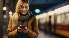Smiling Woman Looking Smart Phone At Train Station