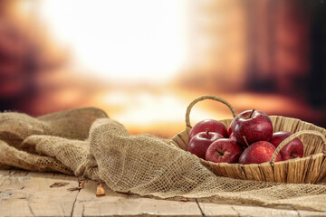 Poster - Fresh red apples and autumn landscape. 