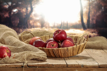 Poster - Fresh red apples and autumn landscape. 