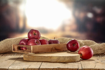 Poster - Fresh red apples and autumn landscape. 