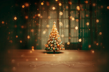 Wall Mural - New Year elegant retro Christmas tree, decorated with vintage shiny golden ball ornaments on a sparkling  sepia background. Festive Xmas holiday season, modern luxury banner design.