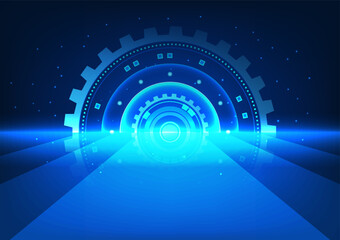 Poster - Large gear has a large walkway. It represents the entrance into the world of technology. that is constantly evolving to provide access to information learning from technology