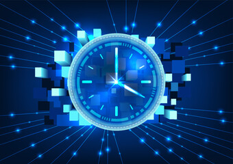 Fototapete - Time technology The watch is in a technological circle, the back is a protruding square geometric shape. Refers to technology being developed at a rapid pace.