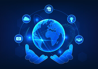 Poster - World technology, two hands holding the globe along with icons It communicates that technology reaches people all over the world. Access to communication information and doing international business