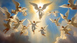 Angels flying in heaven towards god. Highly detailed oil painting styled illustration