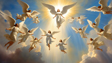 Angels Flying In Heaven Towards God. Highly Detailed Oil Painting Styled Illustration