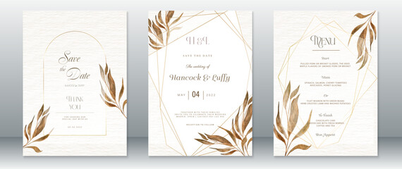 Poster - Luxury wedding invitation card template design with gold nature leaf polygonal frame and watercolor background
