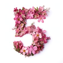 Number "5" Decorated With Pink And Lilac Flowers. View From Above. Isolated On A White Background