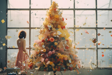 Wall Mural - New Year elegant floral Christmas tree made of pastel flowers and candy crystal ornaments in an indoor romantic setting with flying confetti. Girl in a dress, standing next to window looking the snow