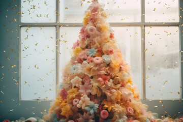 Wall Mural - New Year elegant floral Christmas tree made of pastel flowers and candy crystal ornaments in an indoor romantic setting with flying confetti. Festive Xmas holiday season, modern muted color banner